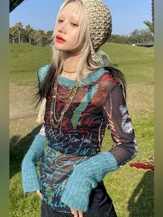 Combhasaki Tops - Y2K Vintage Sheer Slim Top Long Sleeve Round Neck Pattern Print Mesh Patchwork S